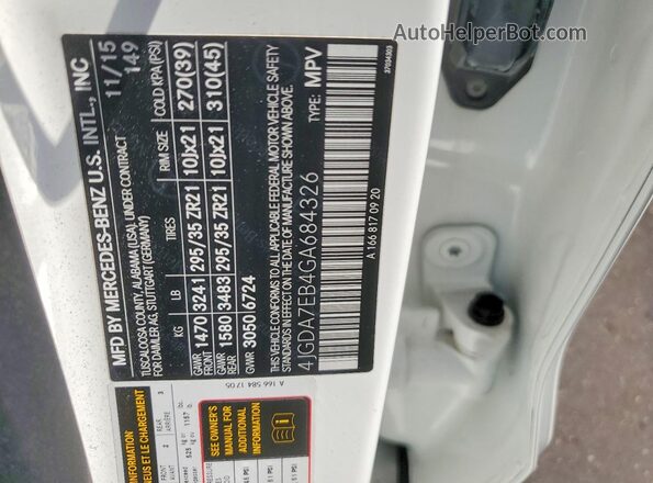 4JGDA7EB4GA684326 2016 MERCEDES-BENZ GLE-CLASS Белый Панорамный вид салона 360°