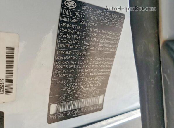 SALGS2FV8HA352619 2017 LAND ROVER RANGE White Vista de la etiqueta del VIN