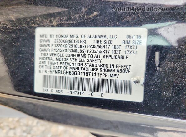 5FNRL5H63GB116714 2016 HONDA ODYSSEY Black 
