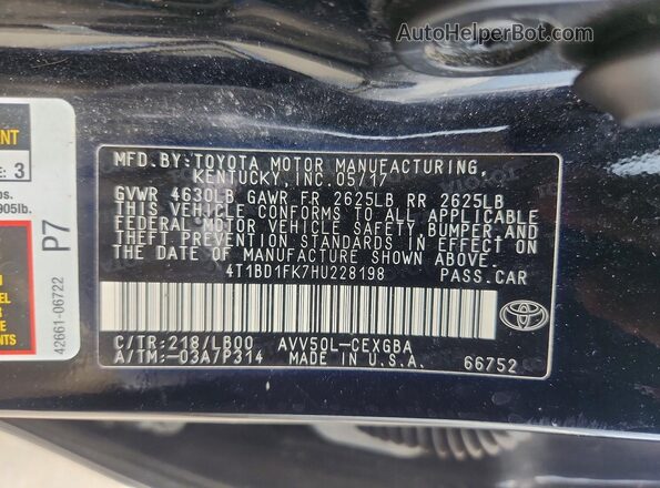 4T1BD1FK7HU228198 2017 TOYOTA CAMRY Черный Вид наклейки с VIN-кодом