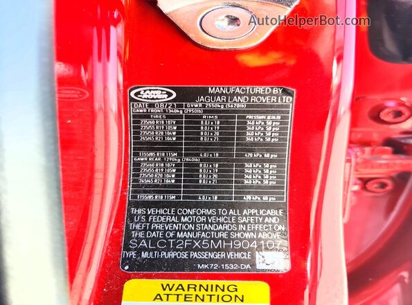 SALCT2FX5MH904107 2021 LAND ROVER DISCOVERY Red 