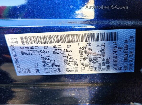 5N1BT3BB5TC748614 2026 NISSAN ROGUE Blue VIN კოდის სტიკერის ხედი