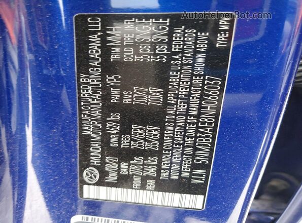 5NMJB3AE8NH066037 2022 HYUNDAI TUCSON Blue Սալոնի 360 աստիճան տեսք