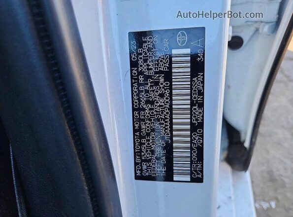 JTDAAAAA0PA009610 2023 TOYOTA MIRAI White Вид наклейки з VIN-кодом