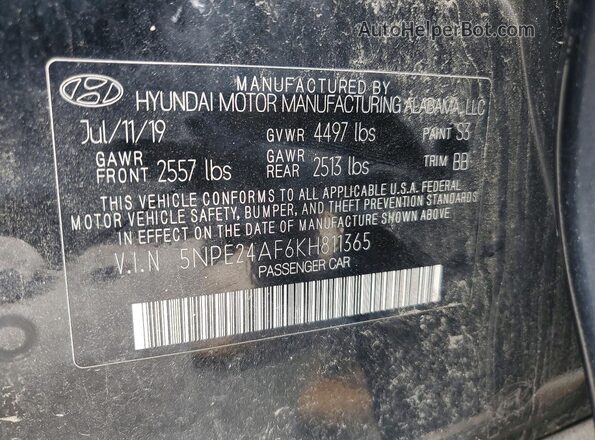 5NPE24AF6KH811365 2019 HYUNDAI SONATA Black Vista de la etiqueta del VIN
