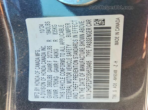 2HGFE2F53SH539495 2025 HONDA CIVIC Charcoal VIN sticker view