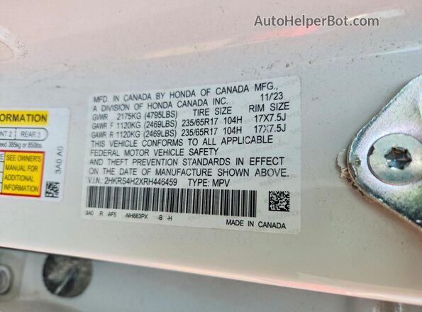 2HKRS4H2XRH446459 2024 HONDA CR-V White Widok naklejki z numerem VIN