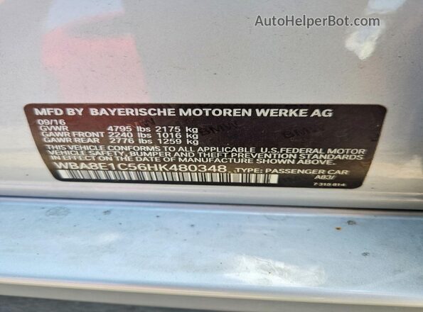 WBA8E1C56HK480348 2017 BMW 3 SERIES Silver Vista de la etiqueta del VIN