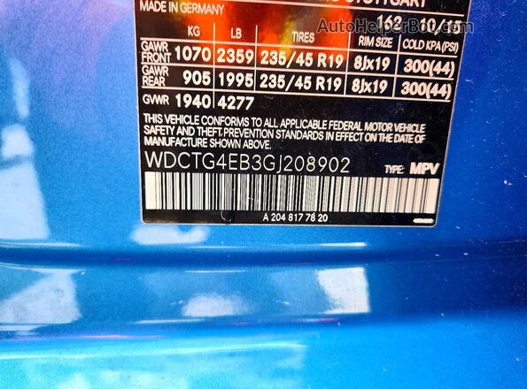 WDCTG4EB3GJ208902 2016 MERCEDES-BENZ GLA Blue Widok wnętrza z tyłu