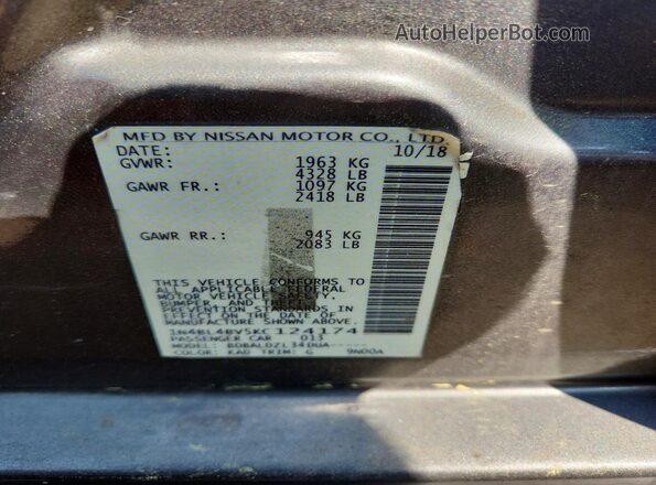 1N4BL4BV5KC124174 2019 NISSAN ALTIMA Gray VIN կոդի պիտակի տեսք
