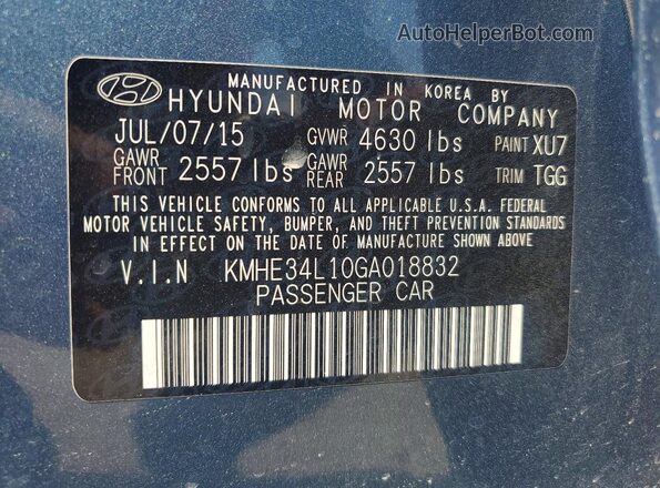 KMHE34L10GA018832 2016 HYUNDAI SONATA Blue Vista de la etiqueta del VIN
