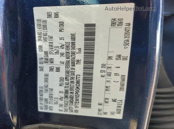 1FTEW1EP0GKD86773 2016 FORD F150 Blue VIN კოდის სტიკერის ხედი