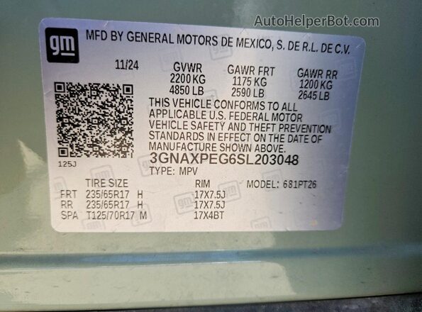 3GNAXPEG6SL203048 2025 CHEVROLET EQUINOX Green Vista de la etiqueta del VIN