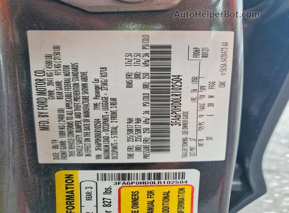 3FA6P0HD0LR102504 2020 FORD FUSION Gray Vista de la etiqueta del VIN