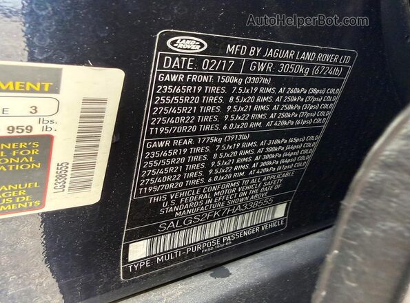 SALGS2FK7HA338555 2017 LAND ROVER RANGE Blue Вид задньої частини салону