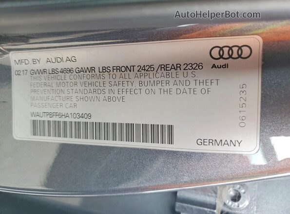 WAUTPBFF6HA103409 2017 AUDI A3 Gray VIN կոդի պիտակի տեսք