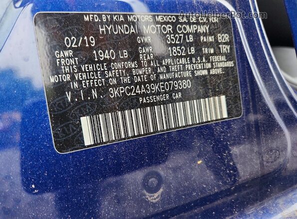 3KPC24A39KE079380 2019 HYUNDAI ACCENT Blue VIN კოდის სტიკერის ხედი
