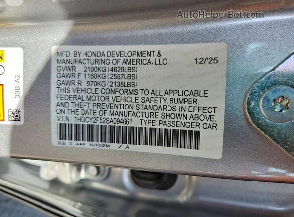 1HGCY2F52SA094661 2025 HONDA ACCORD Silver Вид наклейки з VIN-кодом