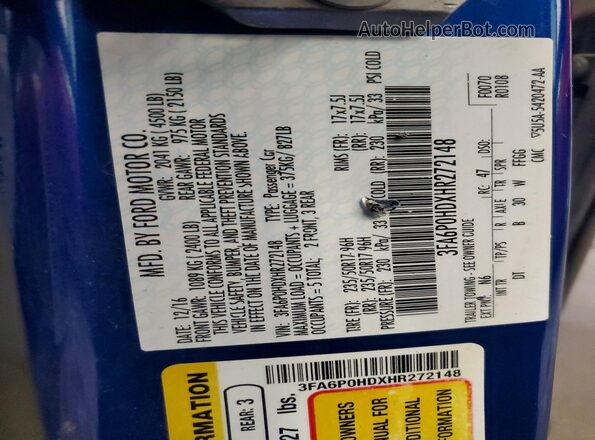 3FA6P0HDXHR272148 2017 FORD FUSION Blue Vista de la etiqueta del VIN