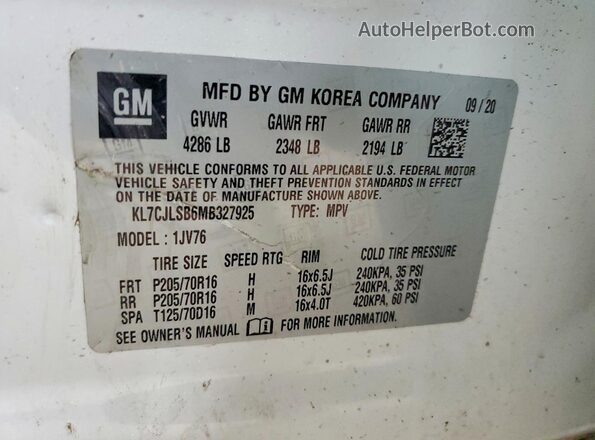 KL7CJLSB6MB327925 2021 CHEVROLET TRAX White Vista de la etiqueta del VIN