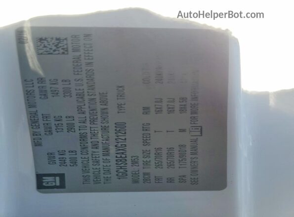 1GCHSBEAXG1212600 2016 CHEVROLET COLORADO White VIN sticker view
