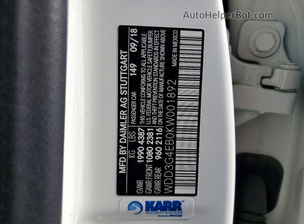 WDD3G4EB0KW001892 2019 MERCEDES-BENZ A-CLASS White VIN sticker view