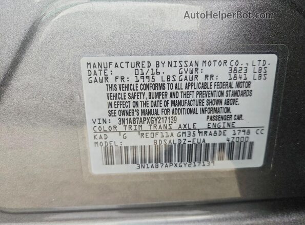 3N1AB7APXGY217139 2016 NISSAN SENTRA Gray Widok naklejki z numerem VIN