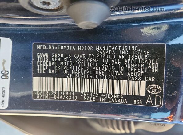 2T1BURHE4JC118304 2018 TOYOTA COROLLA Blue VIN კოდის სტიკერის ხედი