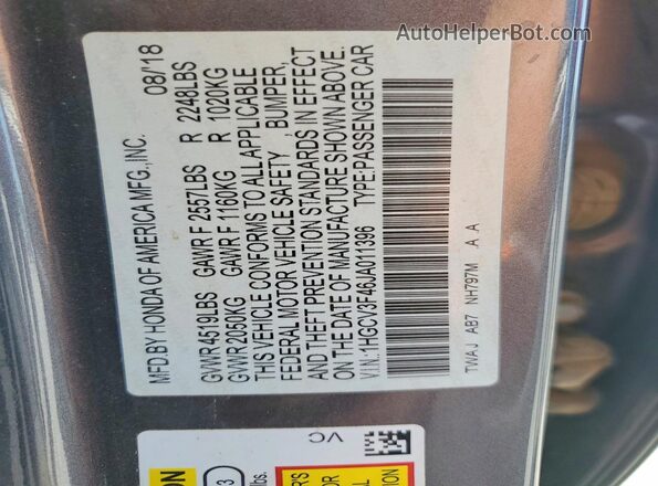1HGCV3F46JA011396 2018 HONDA ACCORD Gray VIN կոդի պիտակի տեսք