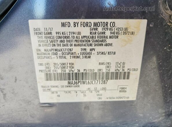 MAJ6P1WL6JC171287 2018 FORD ECOSPORT Gray 360 interior view