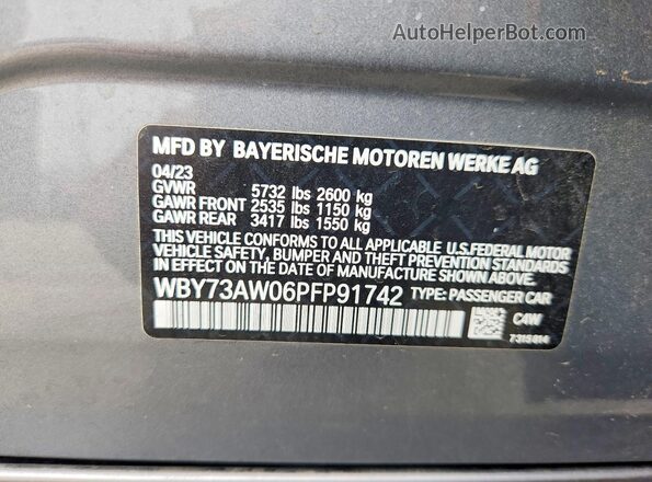 WBY73AW06PFP91742 2023 BMW I4 Gray VIN კოდის სტიკერის ხედი