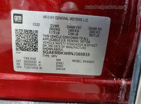 5GAERBKW8NJ165919 2022 BUICK ENCLAVE Maroon Widok wnętrza 360 stopni