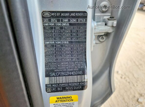 SALCP2BG2HH650145 2017 LAND ROVER DISCOVERY Silver Панорамний вид салону 360°