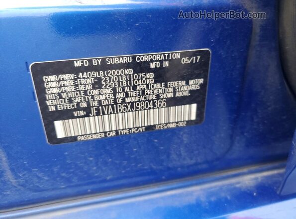 JF1VA1B6XJ9804366 2018 SUBARU WRX Blue Vista de la etiqueta del VIN