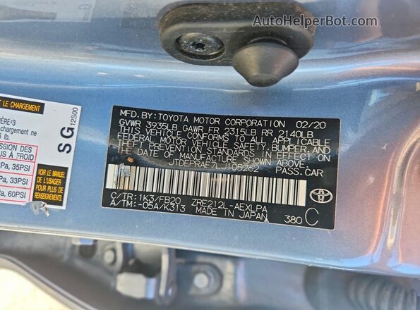 JTDEPRAE7LJ105262 2020 TOYOTA COROLLA Blue VIN კოდის სტიკერის ხედი