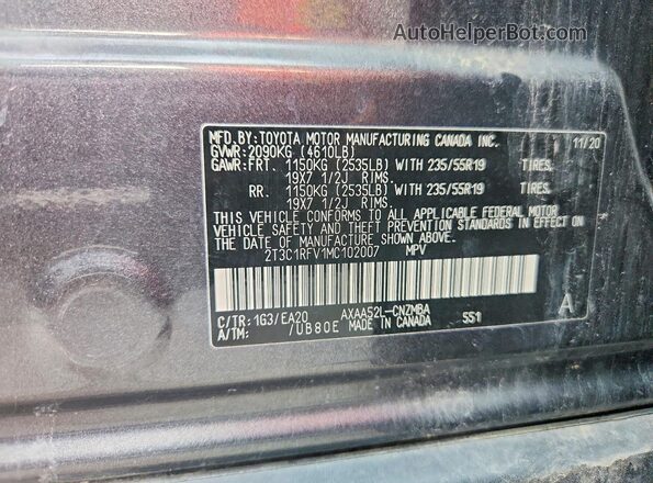2T3C1RFV1MC102007 2021 TOYOTA RAV4 Gray VIN კოდის სტიკერის ხედი