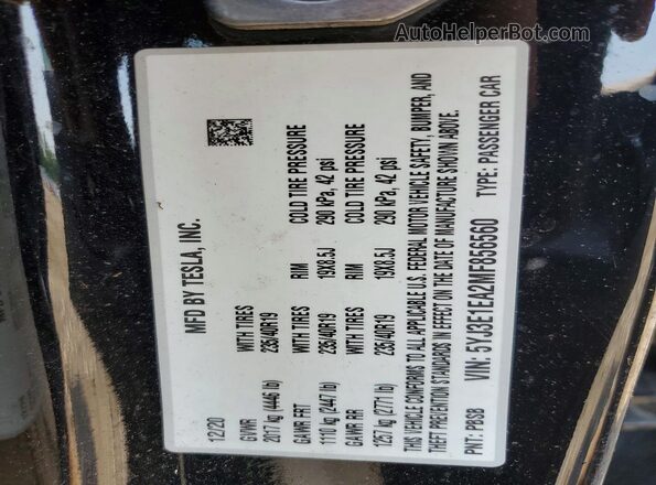 5YJ3E1EA2MF856560 2021 TESLA MODEL Black Vista de la etiqueta del VIN