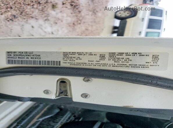 3C6UR5HJXNG147244 2022 RAM 2500 Белый Вид наклейки с VIN-кодом