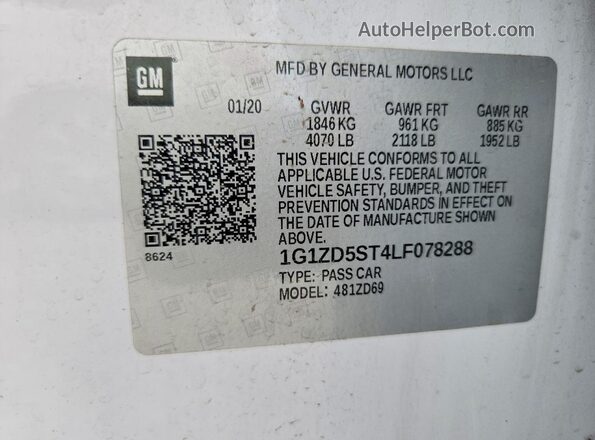 1G1ZD5ST4LF078288 2020 CHEVROLET MALIBU White VIN კოდის სტიკერის ხედი