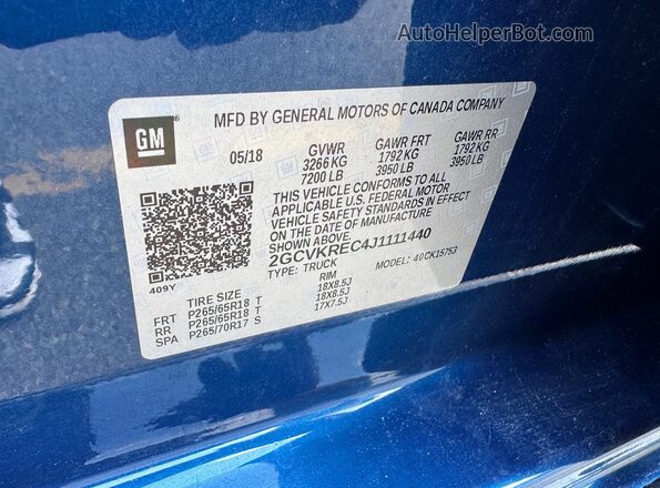 2GCVKREC4J1111440 2018 CHEVROLET SILVERADO Синий Вид задней части салона