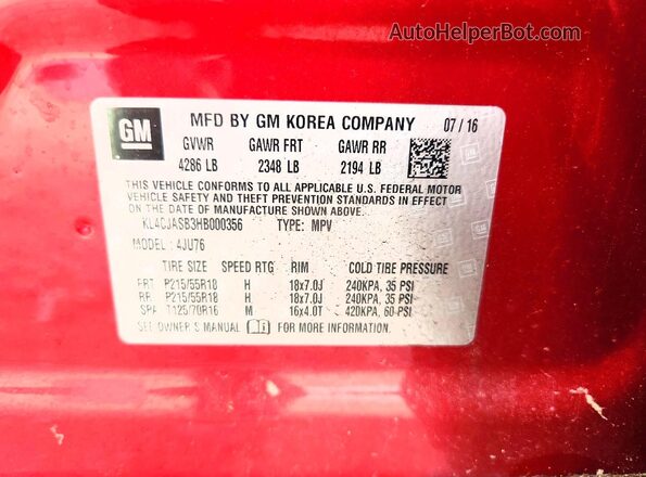 KL4CJASB3HB000356 2017 BUICK ENCORE Red Սալոնի 360 աստիճան տեսք