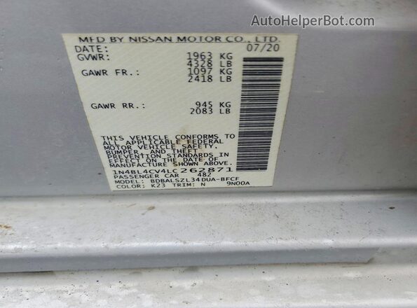 1N4BL4CV4LC262871 2020 NISSAN ALTIMA Серебряный Вид наклейки с VIN-кодом