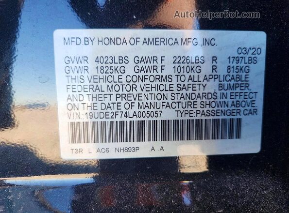 19UDE2F74LA005057 2020 ACURA ILX Black VIN sticker view