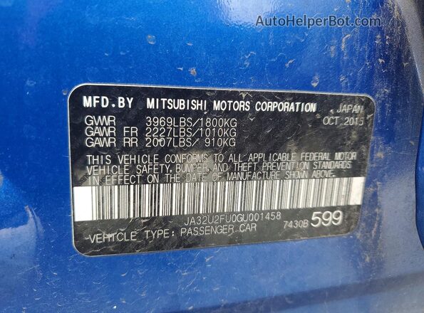 JA32U2FU0GU001458 2016 MITSUBISHI LANCER Blue Engine compartment view