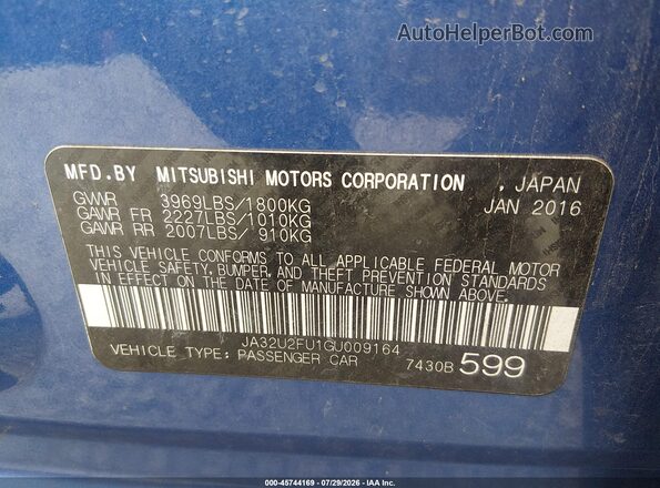 JA32U2FU1GU009164 2016 MITSUBISHI LANCER Blue Вид підкапотного простору