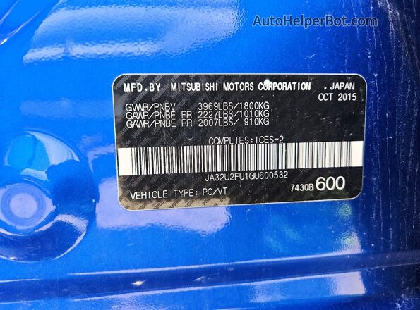 JA32U2FU1GU600532 2016 MITSUBISHI LANCER Blue Вид підкапотного простору