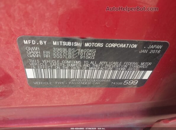 JA32U2FU2GU008685 2016 MITSUBISHI LANCER Red Widok komory silnika