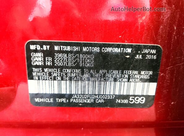 JA32U2FU2HU002337 2017 MITSUBISHI LANCER Red Vista de la etiqueta del VIN