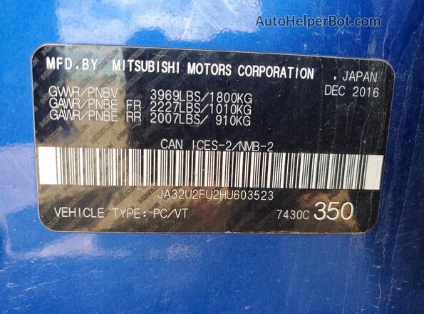 JA32U2FU2HU603523 2017 MITSUBISHI LANCER Синий Вид подкапотного пространства