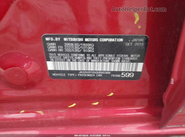 JA32U2FU5GU000368 2016 MITSUBISHI LANCER Red Вид підкапотного простору